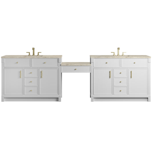 Bellshire 120" Dual Vanity Set with 24" Make-Up Counter, Bright White w/3 cm Tajnar Eclos Top