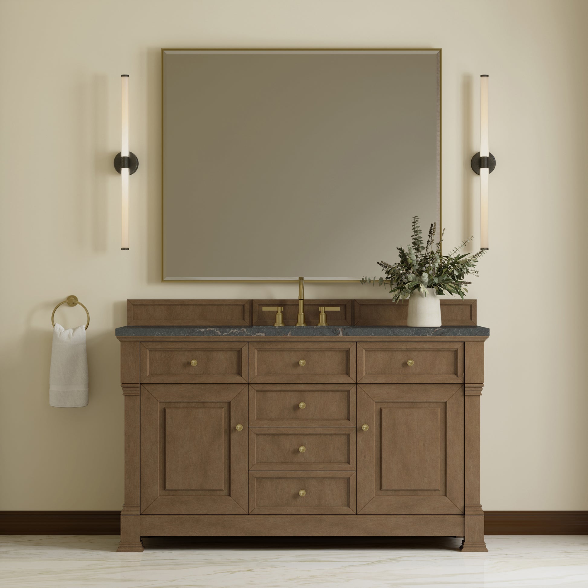 Renovate for Less Atlanta Brookfield 60" Single Vanity, Pecan w/ 3 CM Parisien Bleu Silestone Top