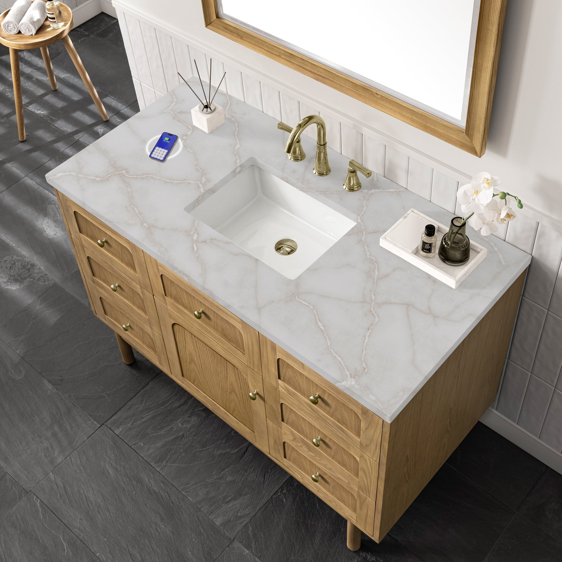 Renovate for Less Atlanta Laurent 48" Single Vanity, Light Natural Oak w/ 3 CM Victorian Silver Top w/FreePower Wireless Charger