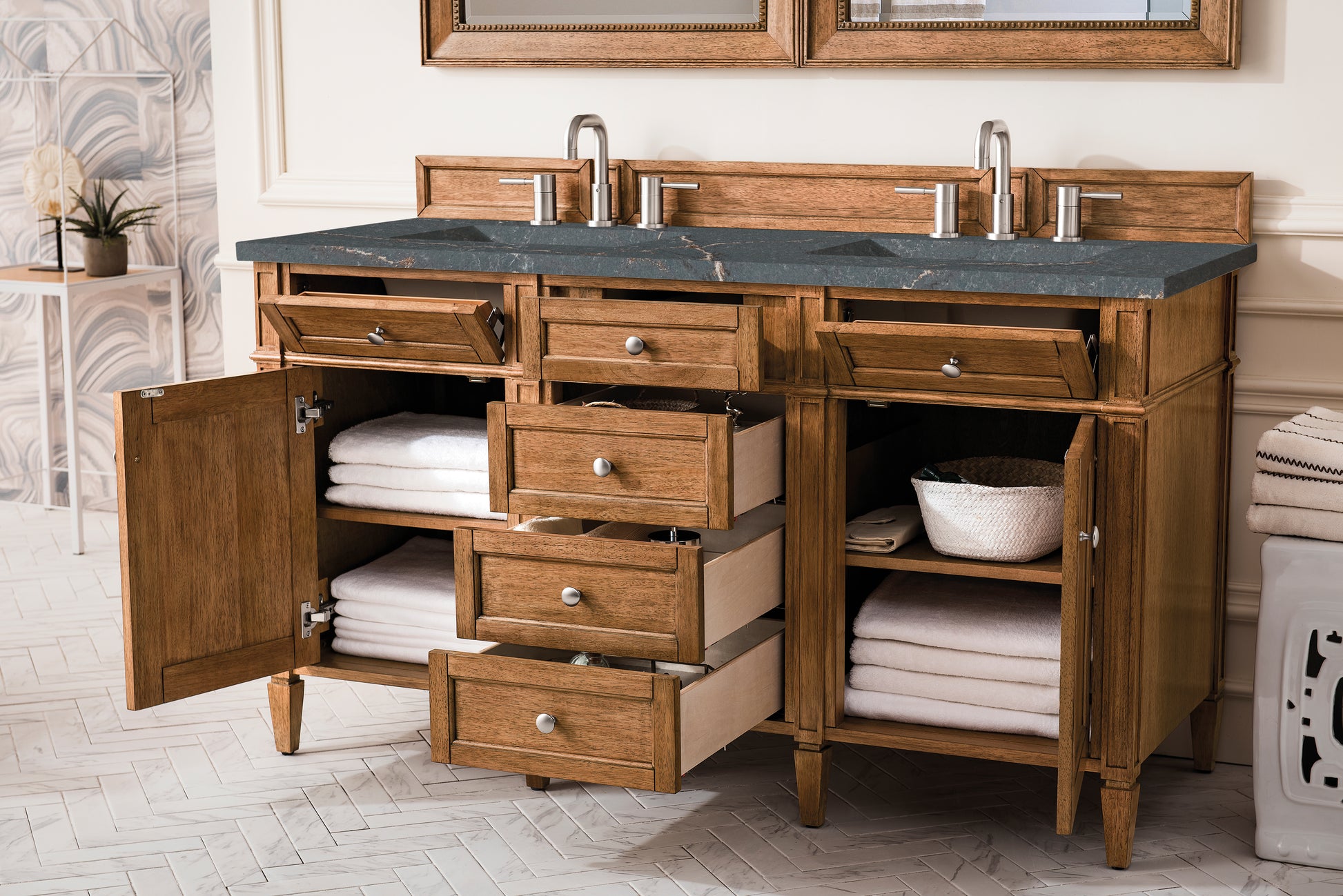 Renovate for Less Atlanta Brittany 60" Double Vanity, Saddle Brown w/ 3 CM Parisien Bleu Silestone Top