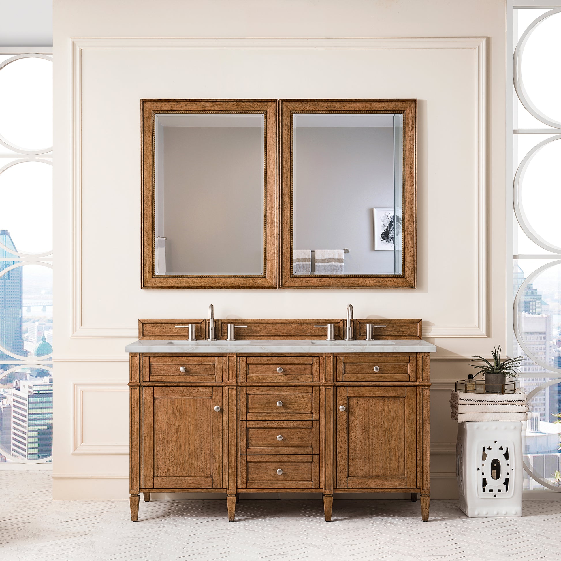 Renovate for Less Atlanta Brittany 60" Double Vanity, Saddle Brown w/ 3 CM Victorian Silver Silestone Top w/FreePower Wireless Charger