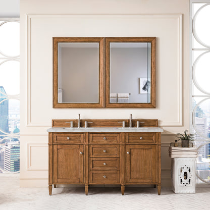 Renovate for Less Atlanta Brittany 60" Double Vanity, Saddle Brown w/ 3 CM Victorian Silver Silestone Top w/FreePower Wireless Charger