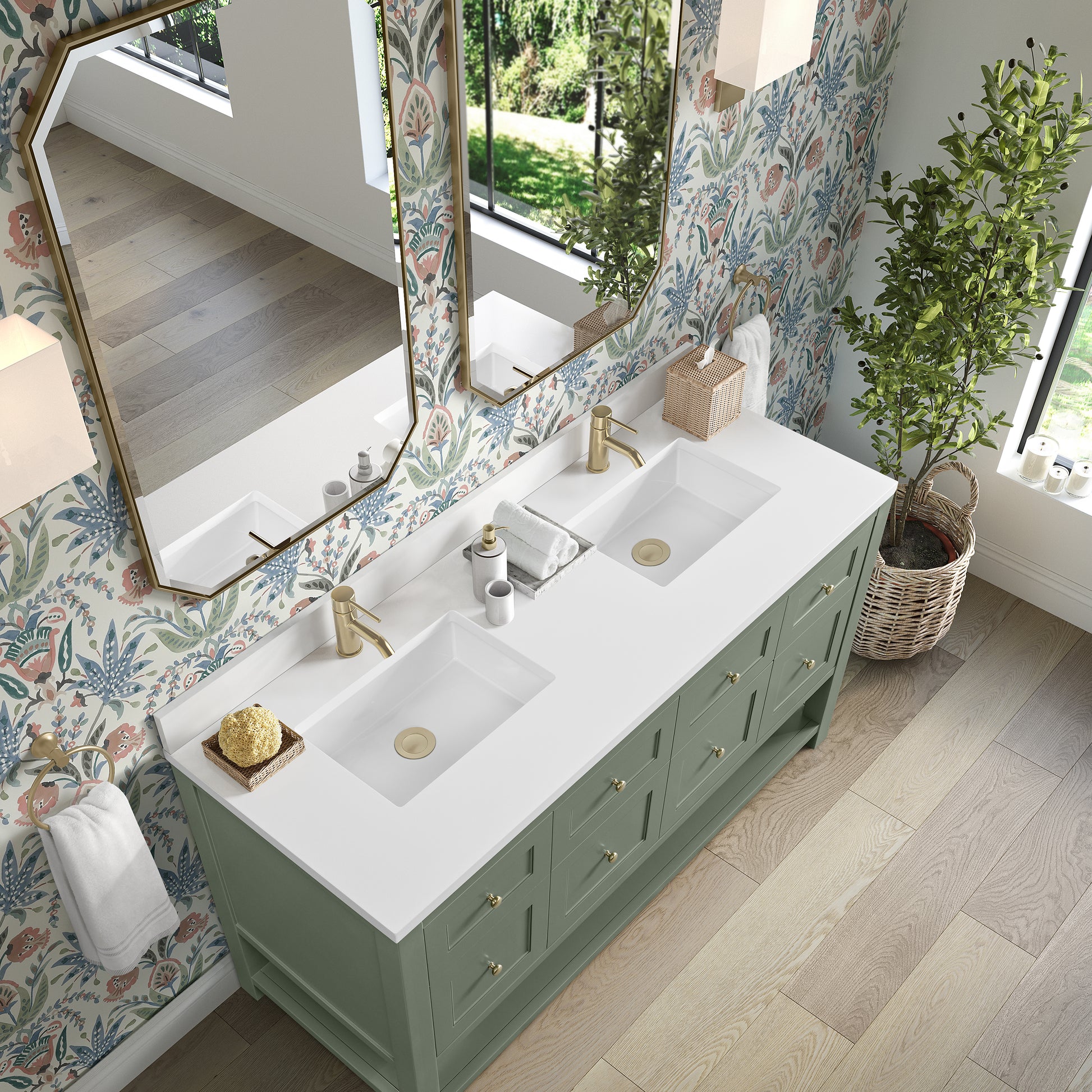 Renovate for Less Atlanta Breckenridge 60" Double Vanity, Smokey Celadon, w/ Single Hole 3 CM White Zeus Quartz Top & Backsplash
