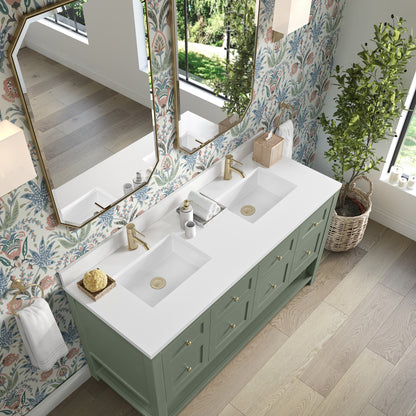 Renovate for Less Atlanta Breckenridge 60" Double Vanity, Smokey Celadon, w/ Single Hole 3 CM White Zeus Quartz Top & Backsplash