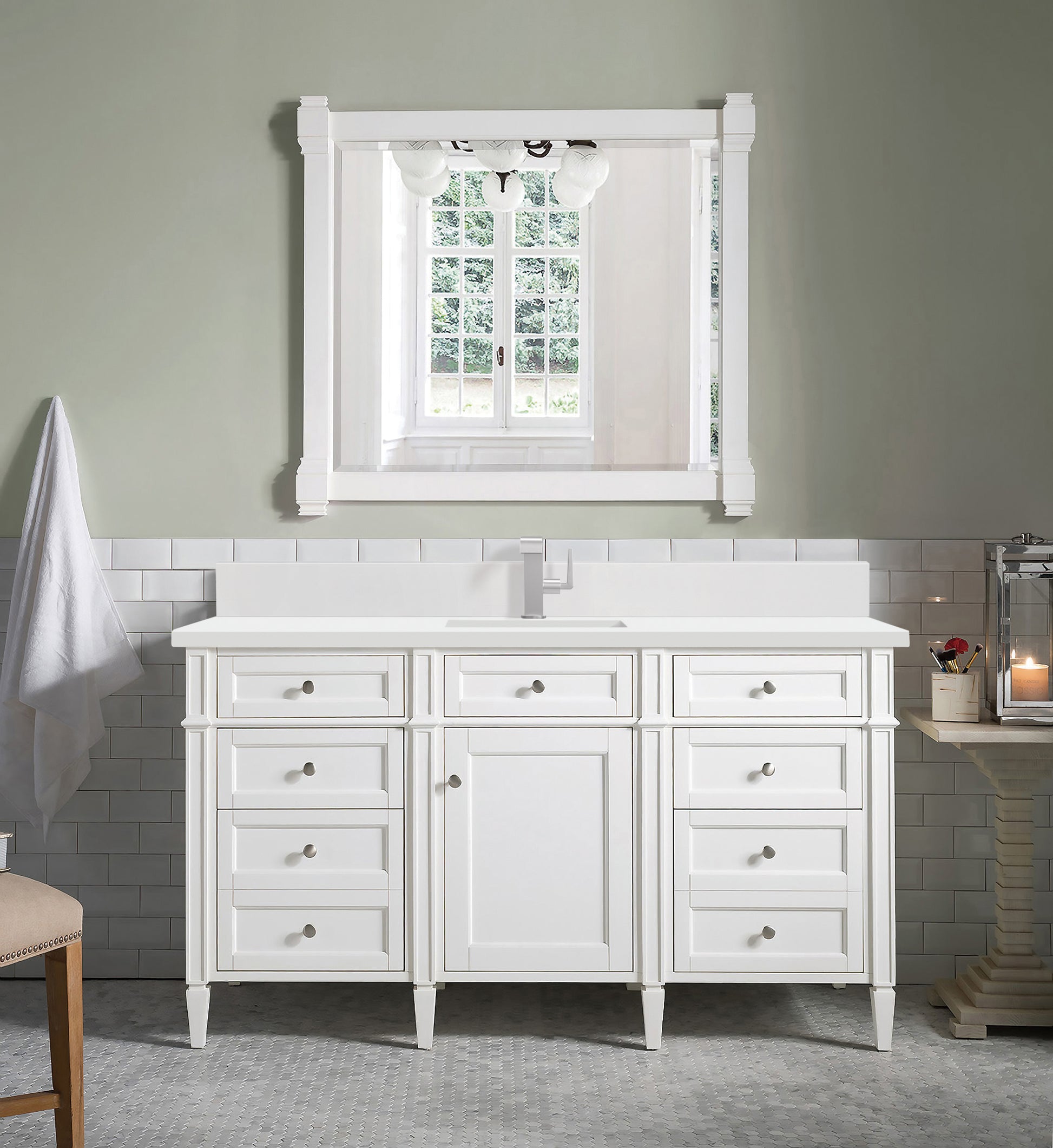 Renovate for Less Atlanta Brittany 60" Single Vanity, Bright White w/ Single Hole 3 CM White Zeus Silestone Top & Backsplash