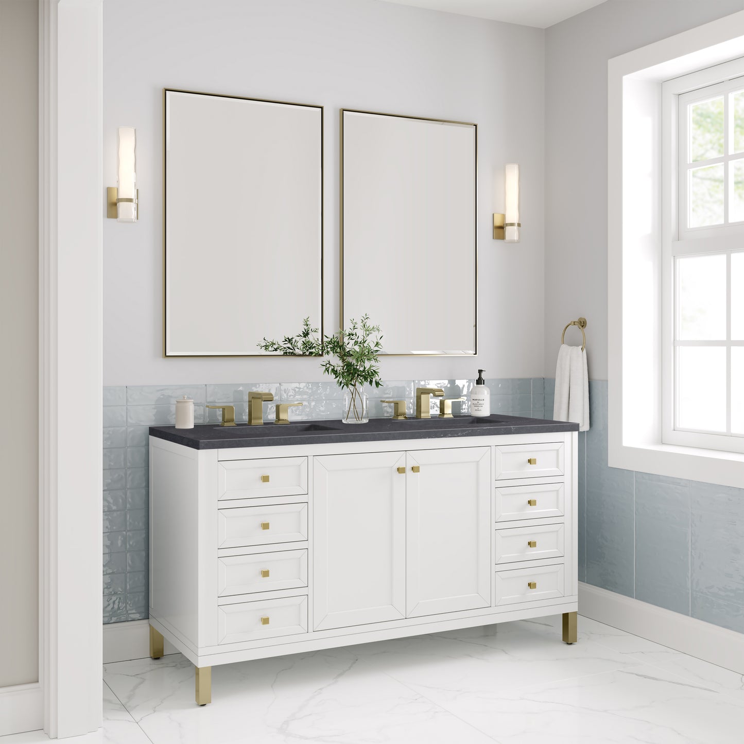 Renovate for Less Atlanta Chicago 60" Double Vanity, Glossy White, w/ 3 CM Charcoal Soapstone Silestone® Top