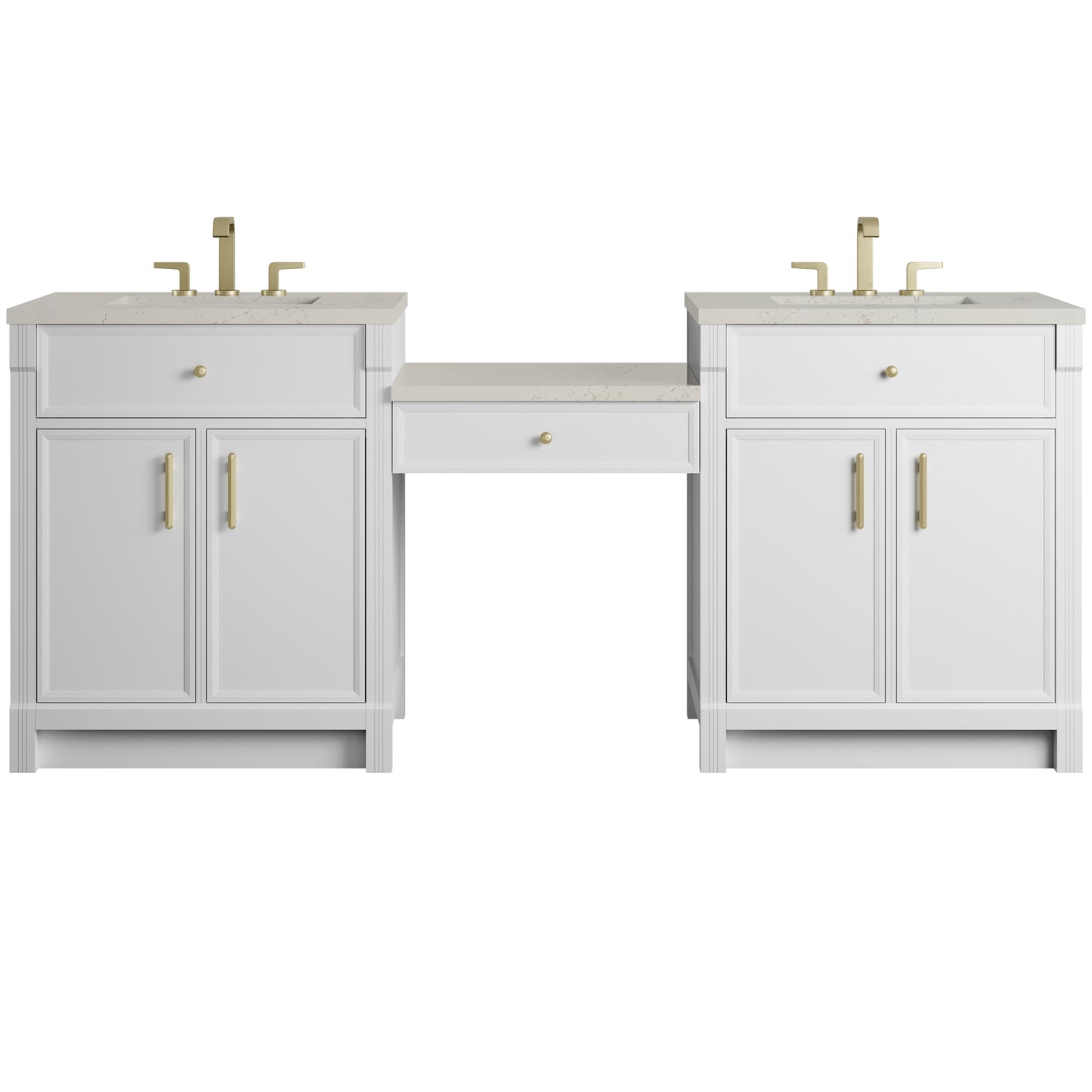 Renovate for Less Atlanta Bellshire 84" Dual Vanity Set with 24" Make-Up Counter, Bright White w/3 cm Siberian Silestone Top