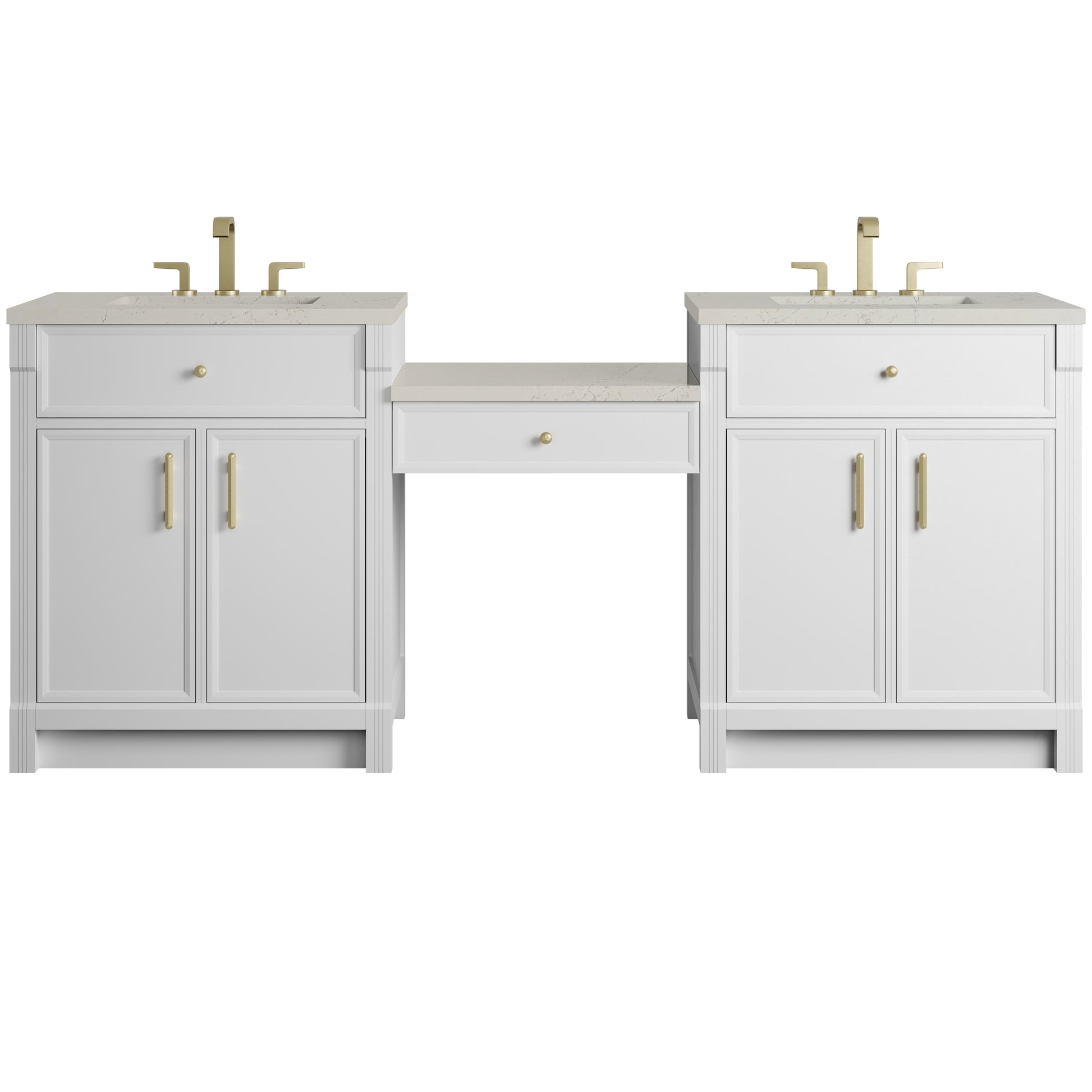 Renovate for Less Atlanta Bellshire 84" Dual Vanity Set with 24" Make-Up Counter, Bright White w/3 cm Siberian Silestone Top