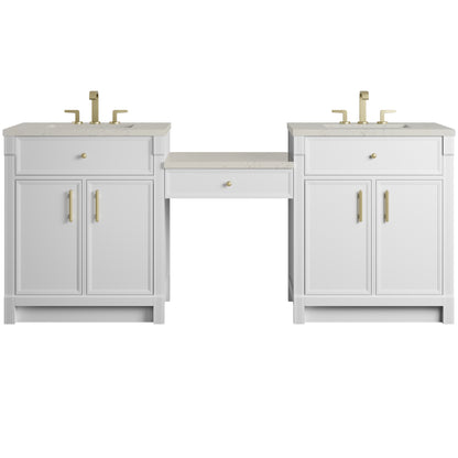 Renovate for Less Atlanta Bellshire 84" Dual Vanity Set with 24" Make-Up Counter, Bright White w/3 cm Siberian Silestone Top