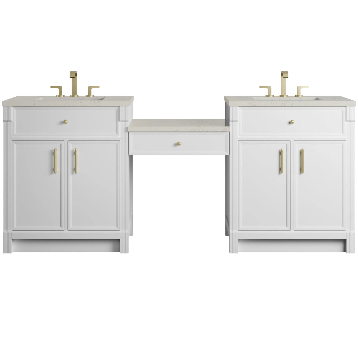 Bellshire 84" Dual Vanity Set with 24" Make-Up Counter, Bright White w/3 cm Siberian Silestone Top