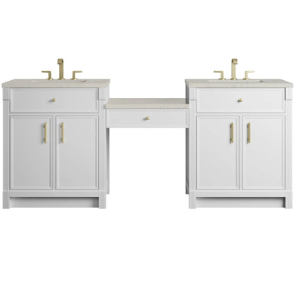 Bellshire 84" Dual Vanity Set with 24" Make-Up Counter, Bright White w/3 cm Siberian Silestone Top