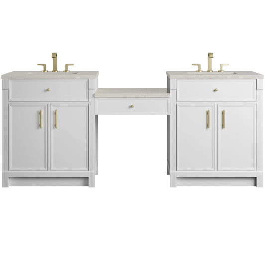 Bellshire 84" Dual Vanity Set with 24" Make-Up Counter, Bright White w/3 cm Siberian Silestone Top