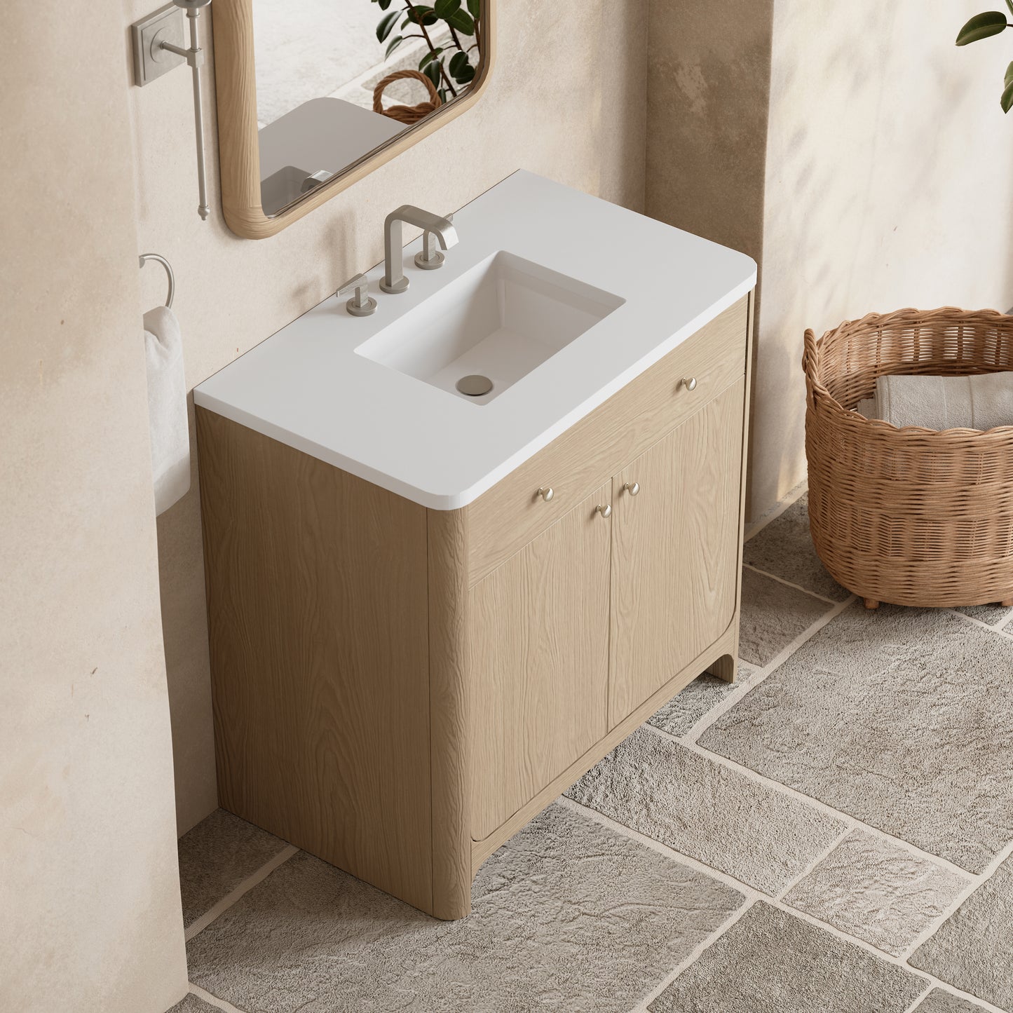 Renovate for Less Atlanta Gracyn 36" Single Vanity, Coastal Driftwood, w/ 3 CM White Zeus Quartz Widespread Top