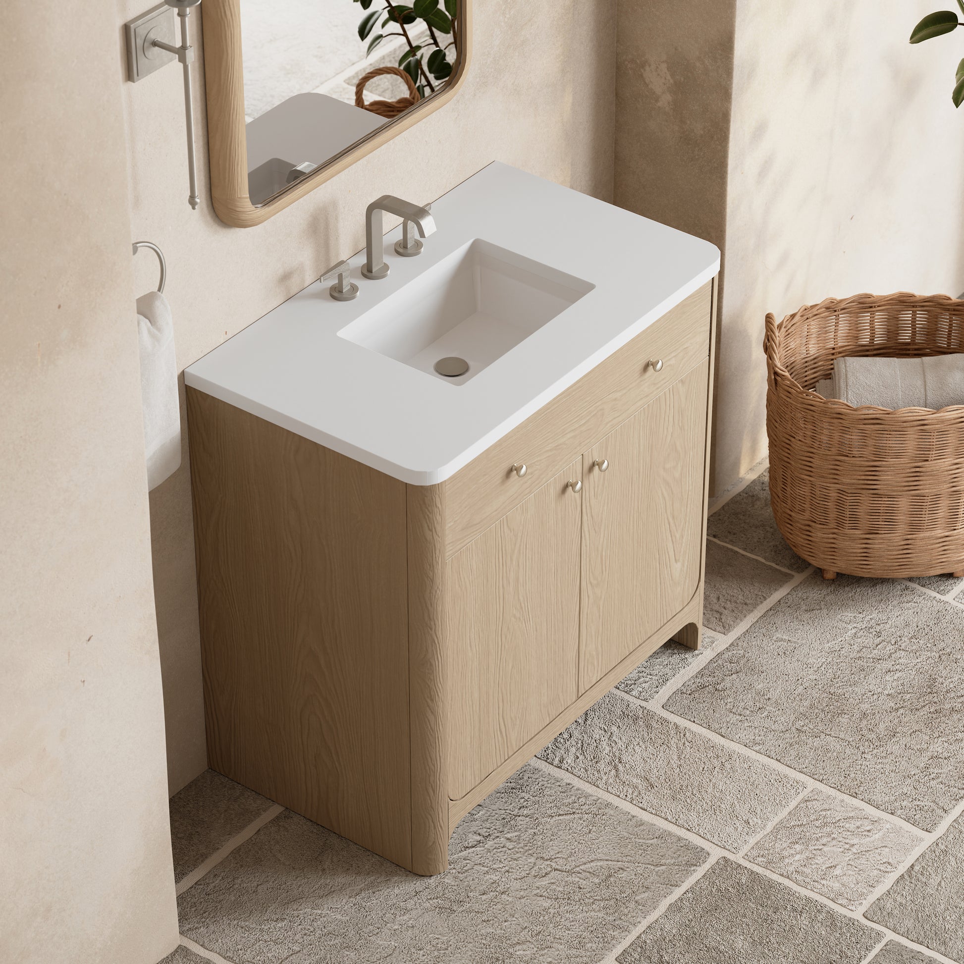 Renovate for Less Atlanta Gracyn 36" Single Vanity, Coastal Driftwood, w/ 3 CM White Zeus Quartz Widespread Top