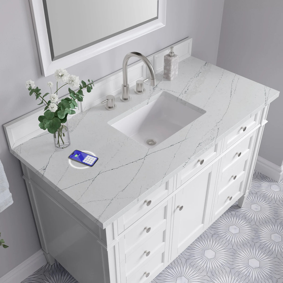 Brittany 48" Single Vanity, Bright White w/ 3 CM Ethereal Noctis Silestone Top w/FreePower Wireless Charger