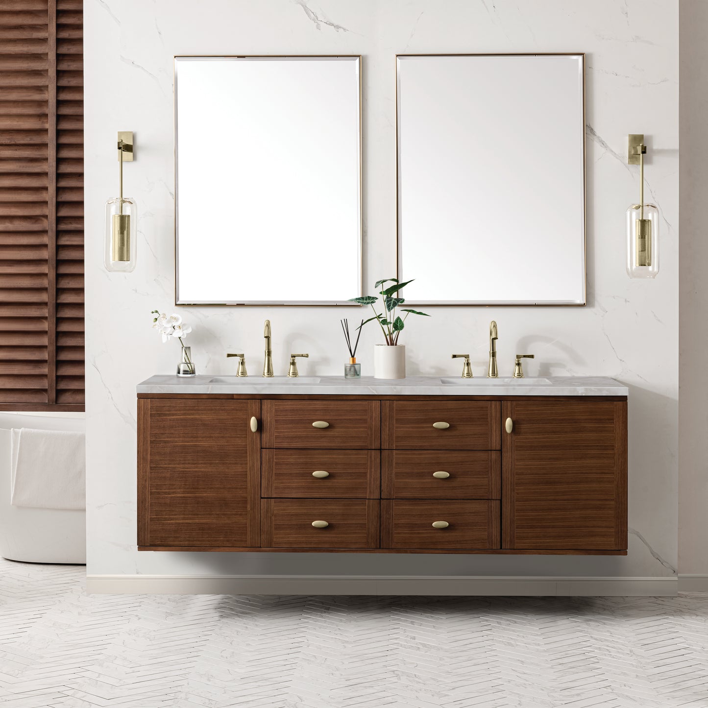 Renovate for Less Atlanta Amberly 72" Double Vanity, Mid-Century Walnut w/ 3 CM Victorian Silver Top w/FreePower Wireless Charger