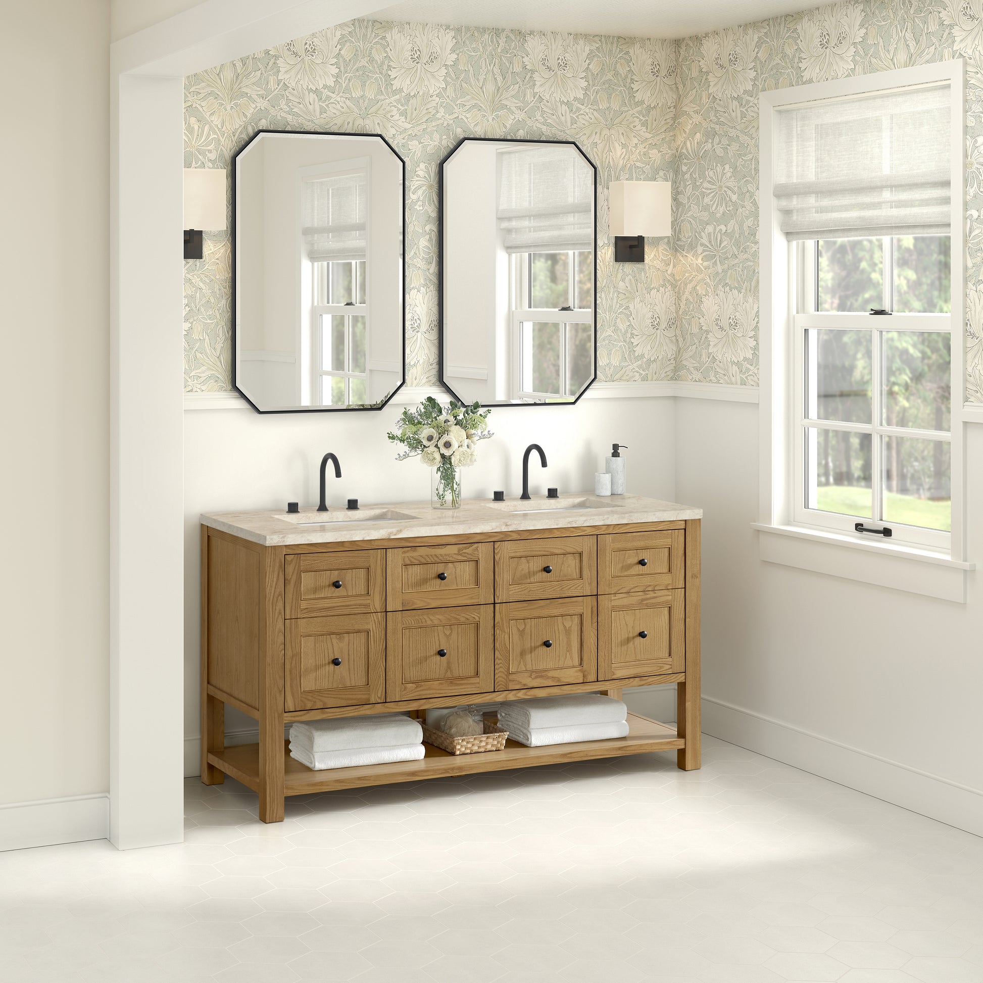 Renovate for Less Atlanta Breckenridge 60" Double Vanity, Light Natural Oak, w/ 3 CM Tajnar Eclos Top w/FreePower Wireless Charger
