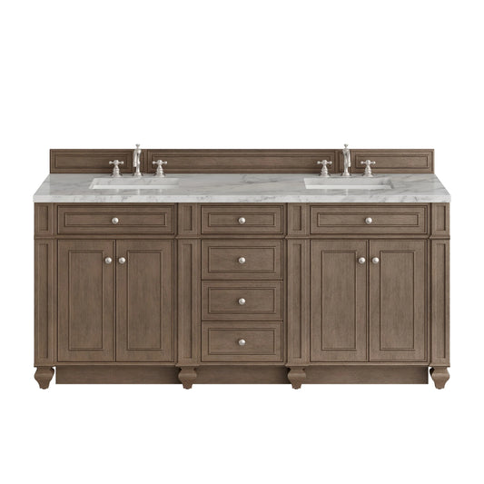 Bristol 72" Double Vanity, Whitewashed Walnut w/ 3 CM Carrara Marble Top