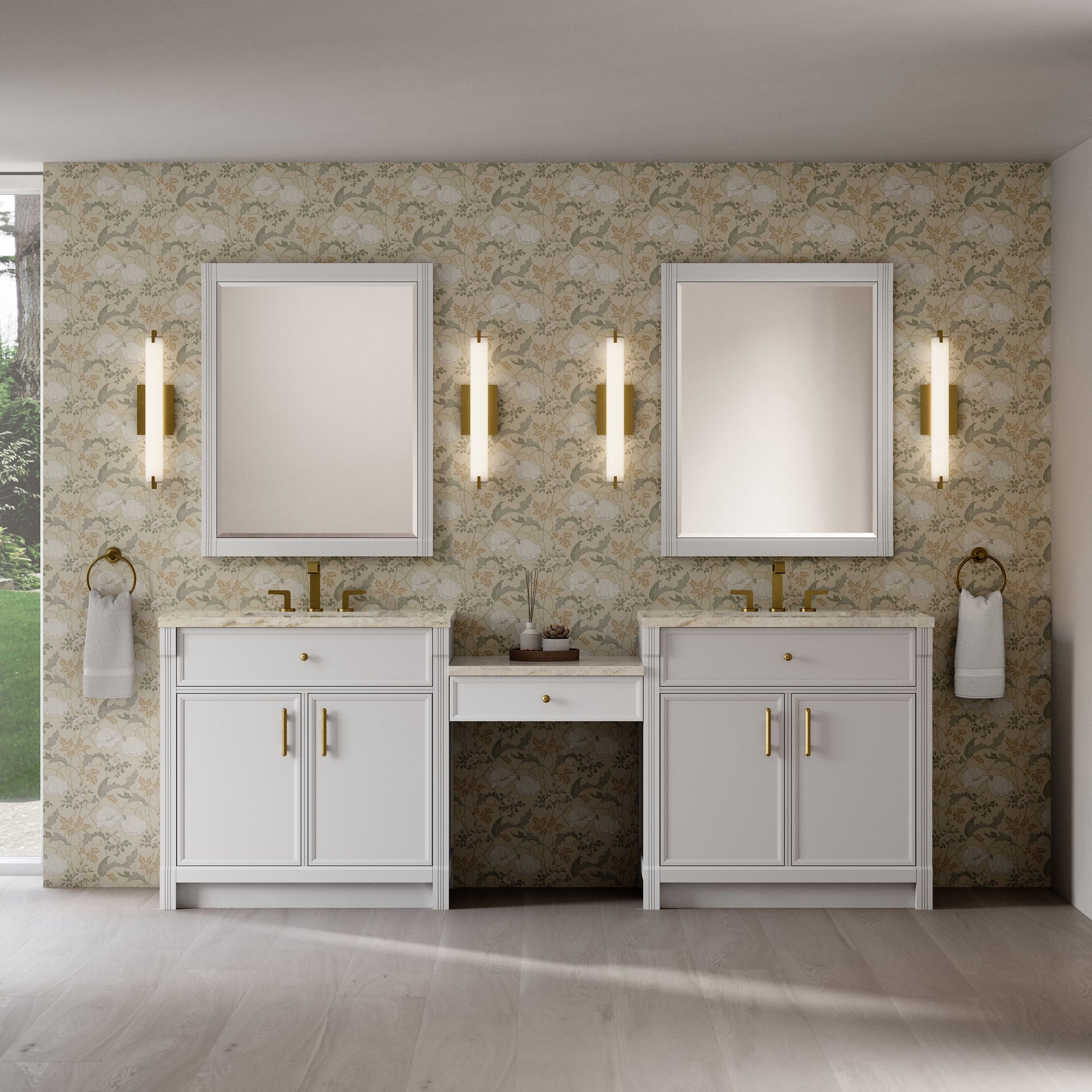 Renovate for Less Atlanta Bellshire 96" Dual Vanity Set with 24" Make-Up Counter, Bright White w/3 cm Tajnar Eclos Top