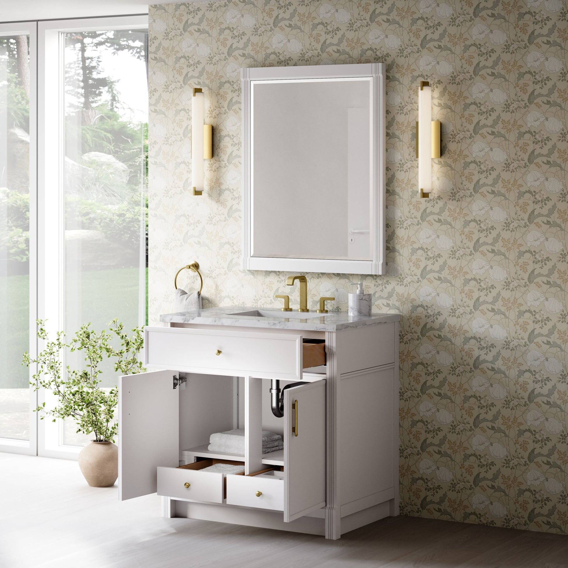 Renovate for Less Atlanta Bellshire 36" Single Vanity, Bright White w/ 3 CM Carrara Marble Top