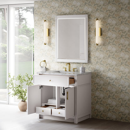 Renovate for Less Atlanta Bellshire 36" Single Vanity, Bright White w/ 3 CM Carrara Marble Top