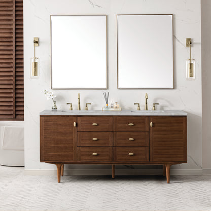 Renovate for Less Atlanta Amberly 72" Double Vanity, Mid-Century Walnut w/ 3 CM Victorian Silver Top w/FreePower Wireless Charger