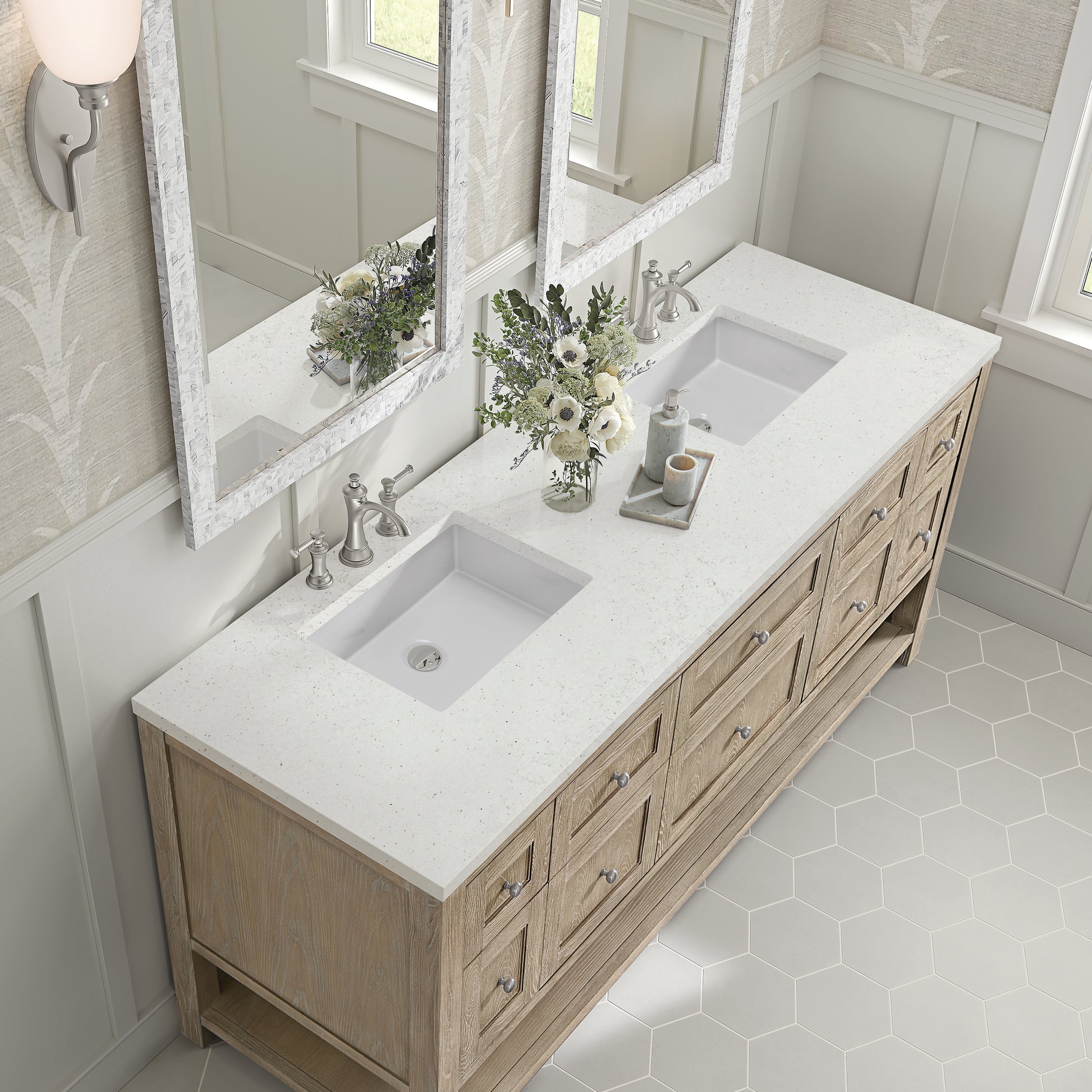 Renovate for Less Atlanta Breckenridge 72" Double Vanity, Whitewashed Oak w/ 3 CM Lime Delight Silestone Top