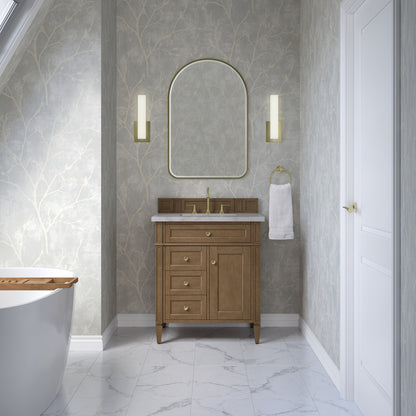Renovate for Less Atlanta Brittany 30" Single Vanity, Pecan w/ 3 CM Victorian Silver Silestone Top