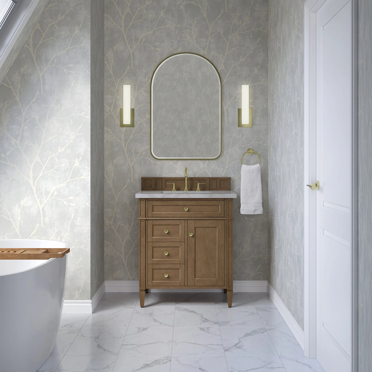 Brittany 30" Single Vanity, Pecan w/ 3 CM Victorian Silver Silestone Top