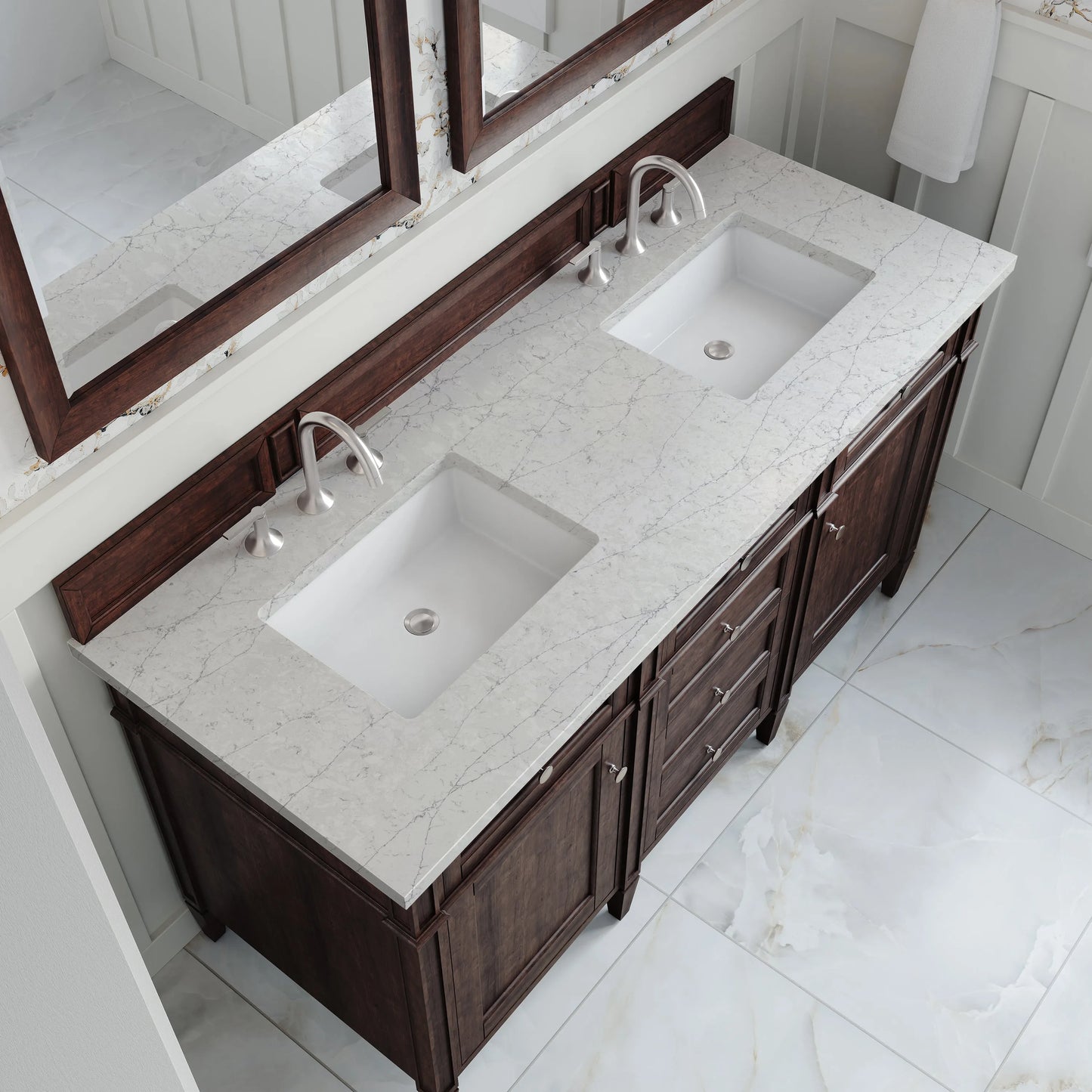 Brittany 60" Double Vanity, Burnished Mahogany w/ 3 CM Eternal Jasmine Pearl Silestone Top