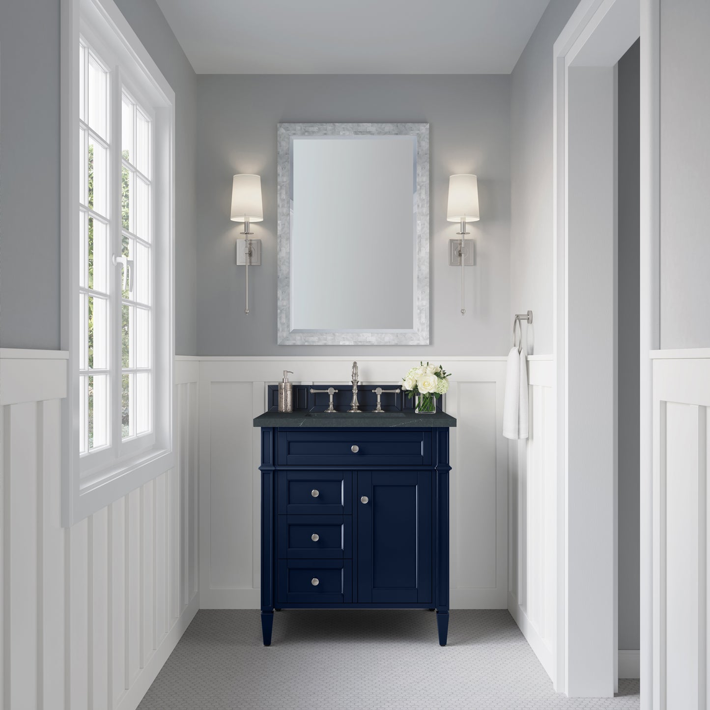 Renovate for Less Atlanta Brittany 30" Single Vanity, Victory Blue w/ 3 CM Charcoal Soapstone Silestone Top