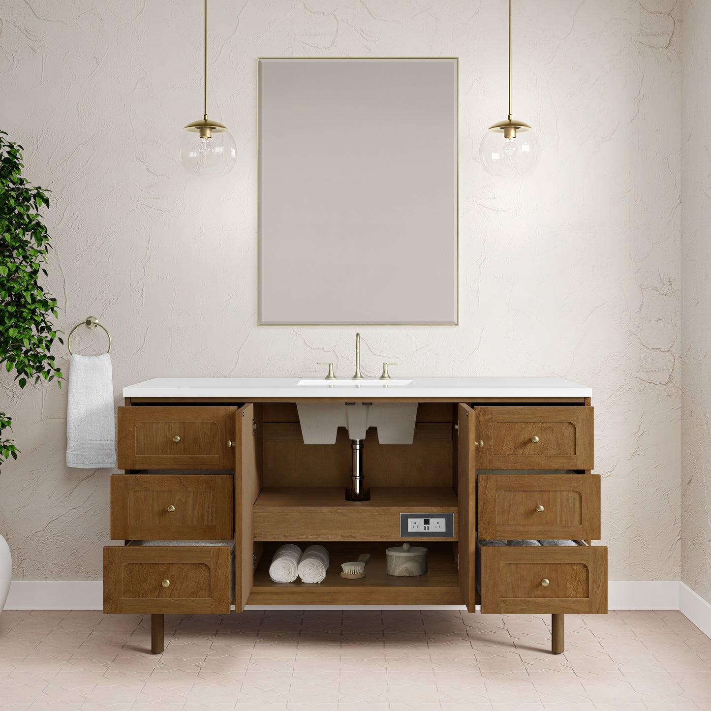 Renovate for Less Atlanta Laurent 60" Single Vanity, Honey Oak w/ 3 CM White Zeus Silestone Top