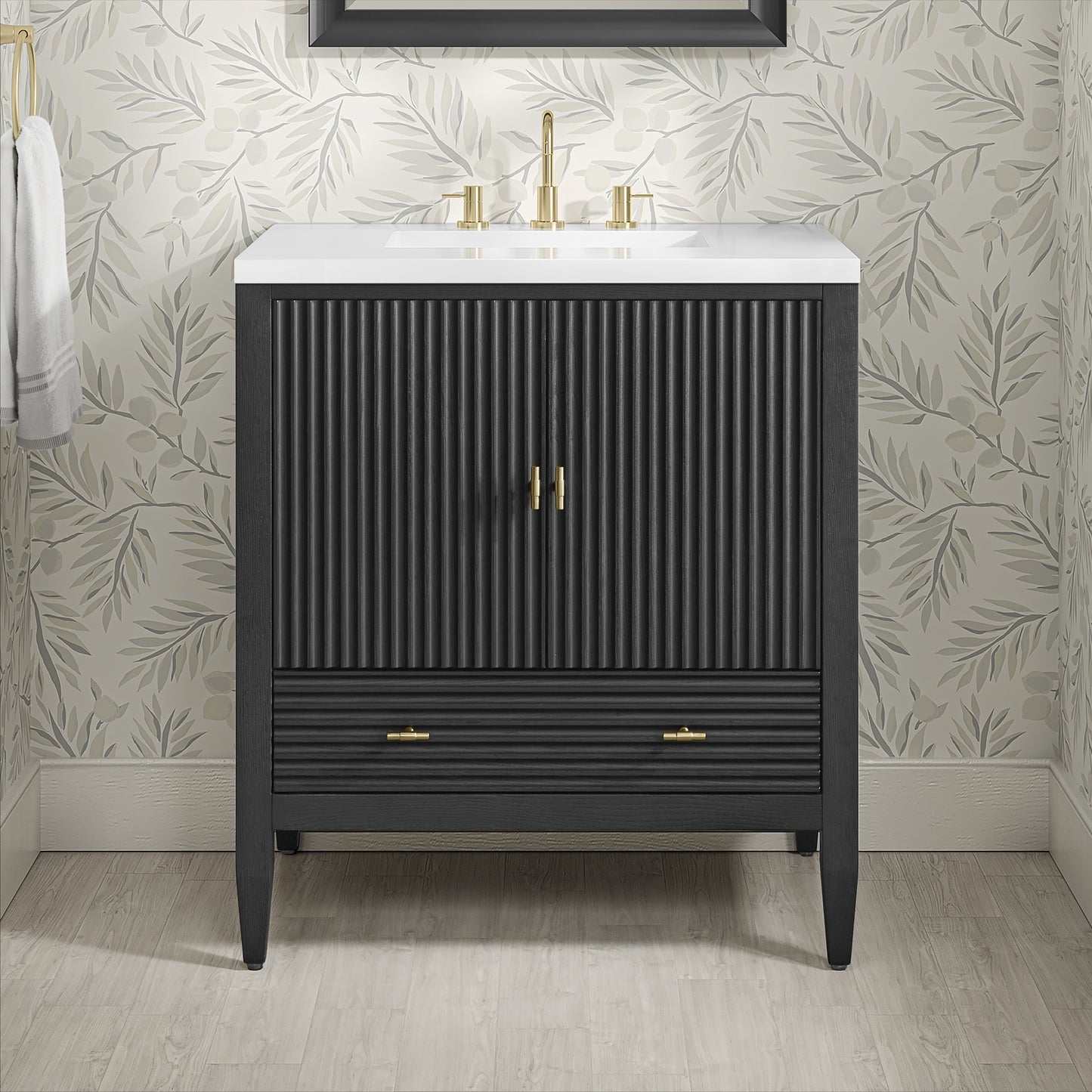 Renovate for Less Atlanta Myrrin 30" Single Vanity, Carbon Oak w/ 3 CM White Zeus Silestone Top