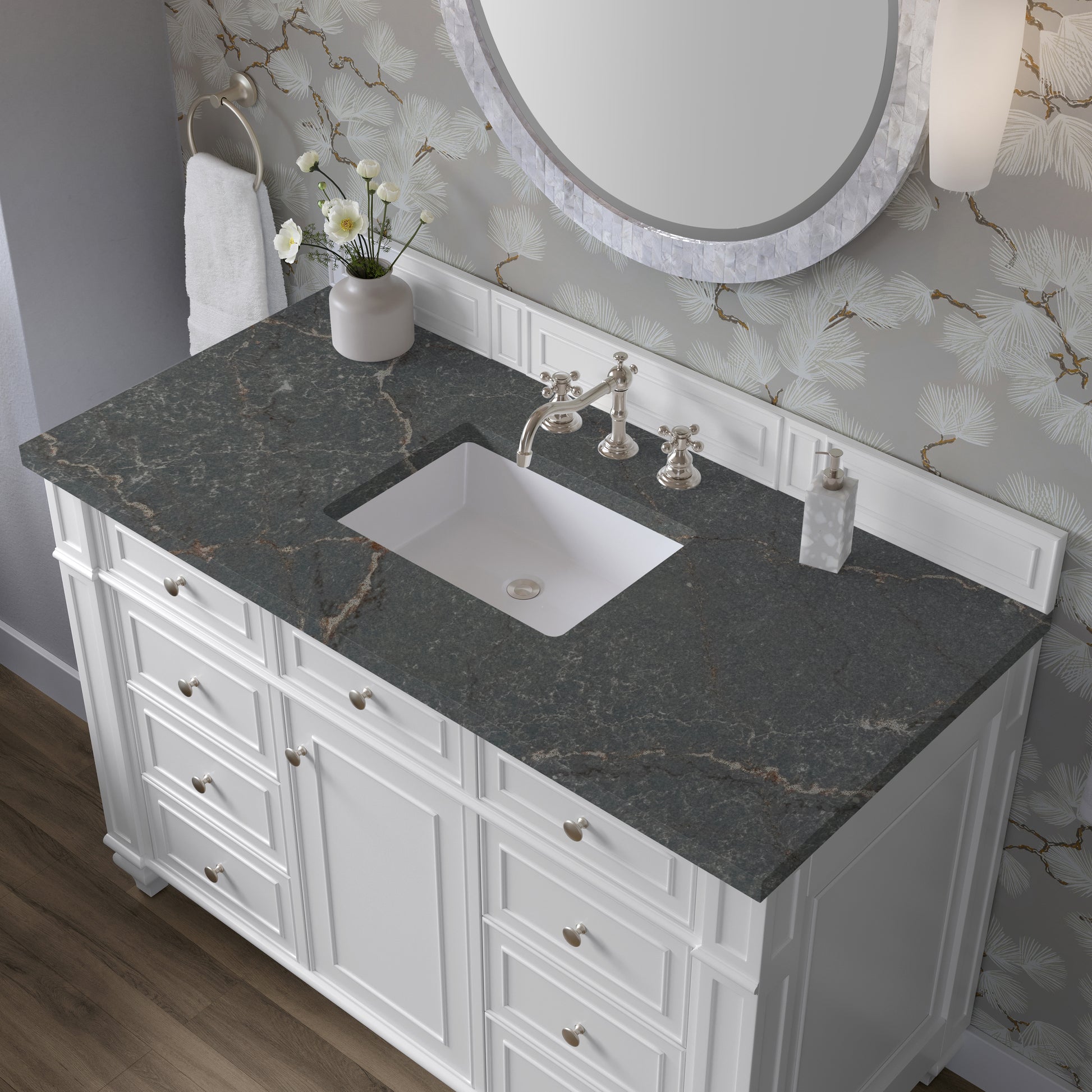 Renovate for Less Atlanta Bristol 48" Single Vanity, Bright White w/ 3 CM Parisien Bleu Silestone Top