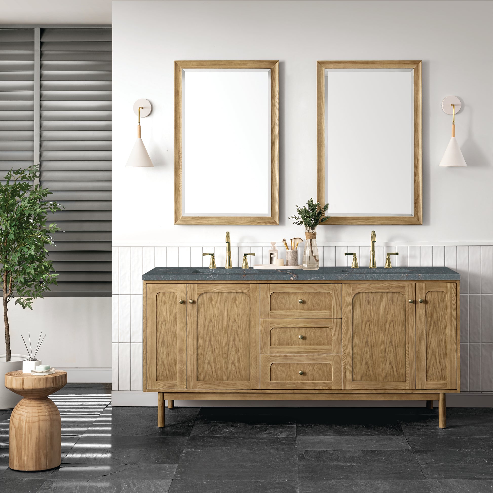 Renovate for Less Atlanta Laurent 72" Double Vanity, Light Natural Oak w/ 3 CM Parisien Bleu Top w/FreePower Wireless Charger