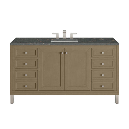 Renovate for Less Atlanta Chicago 60" Single Vanity, Walnut Whisper, w/ 3 CM Parisien Bleu Silestone® Top