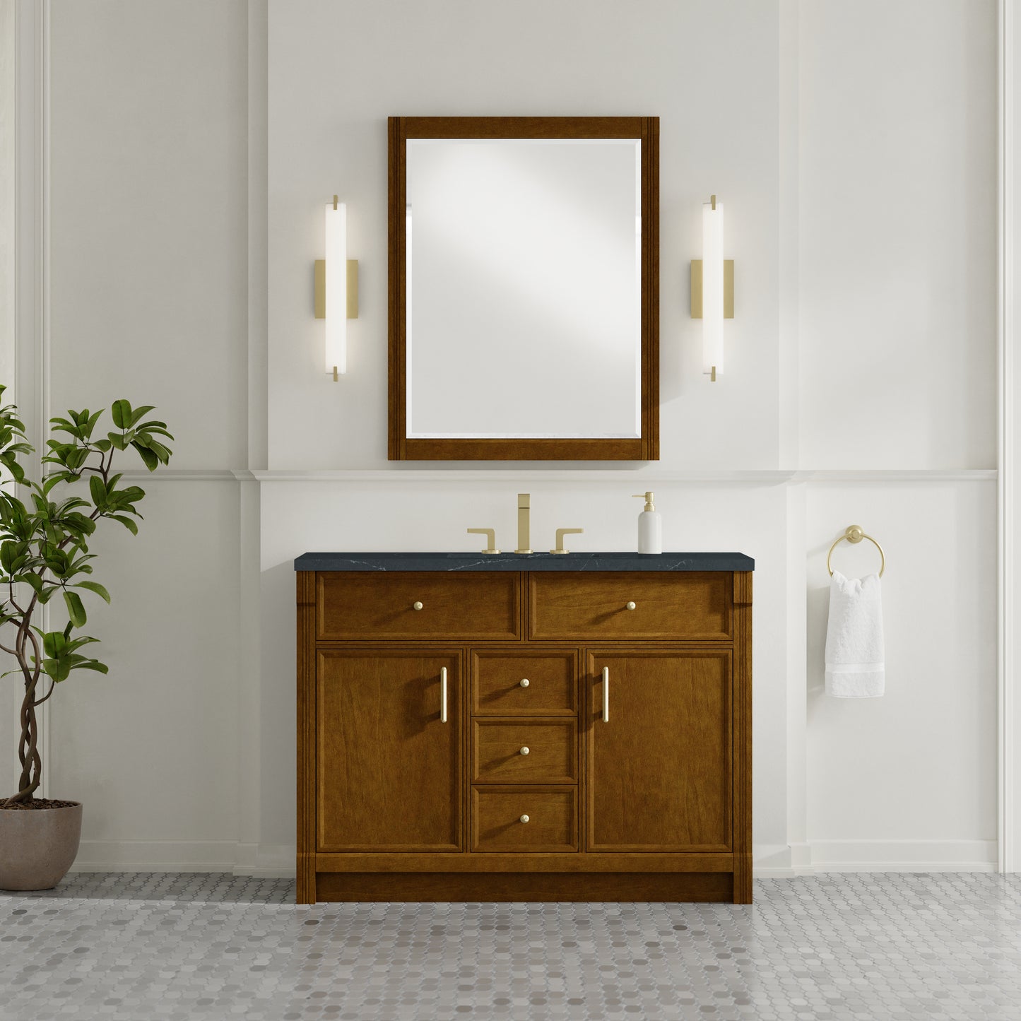 Renovate for Less Atlanta Bellshire 48" Single Vanity, Honey Oak w/ 3 CM Charcoal Soapstone Silestone Top