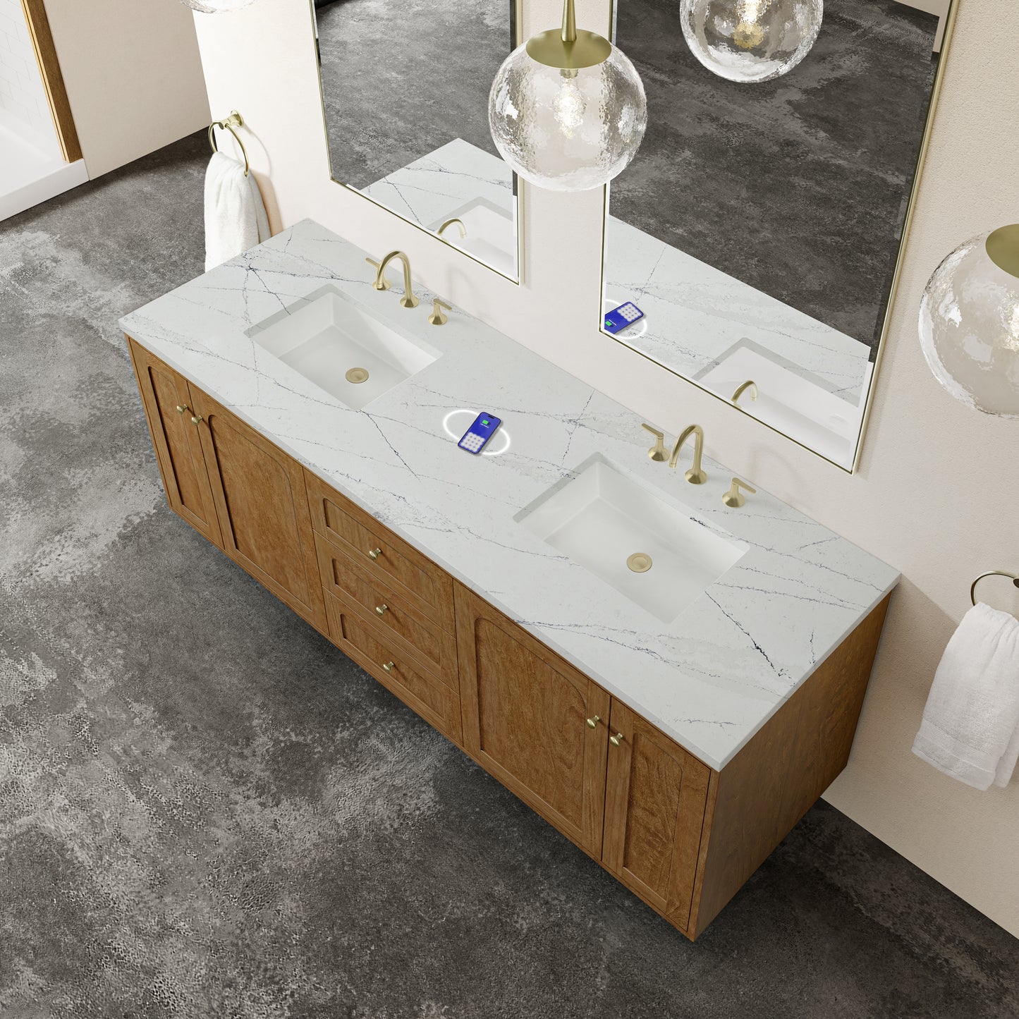 Renovate for Less Atlanta Laurent 72" Double Vanity, Honey Oak w/ 3 CM Ethereal Noctis Silestone Top w/FreePower Wireless Charger