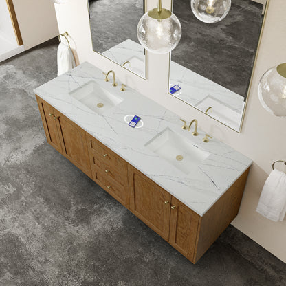 Renovate for Less Atlanta Laurent 72" Double Vanity, Honey Oak w/ 3 CM Ethereal Noctis Silestone Top w/FreePower Wireless Charger