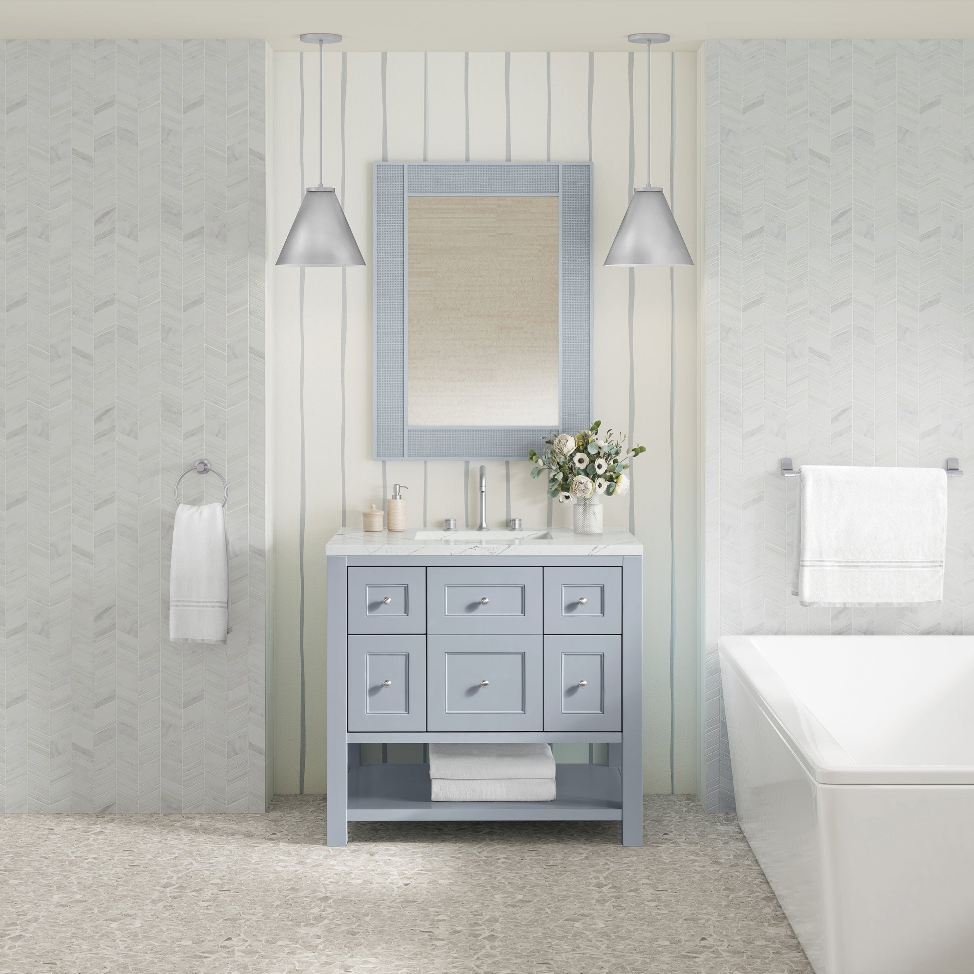 Renovate for Less Atlanta Breckenridge 36" Single Vanity, Serenity Blue, w/ 3 CM Ethereal Noctis Quartz Top