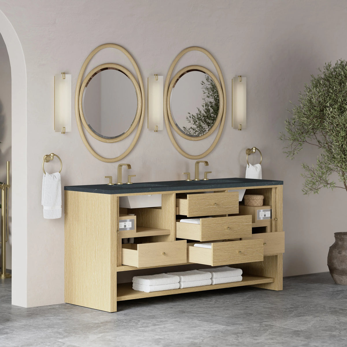 Marigot 72" Double Vanity, Sunwashed Oak w/ 3 CM Charcoal Soapstone Silestone Top