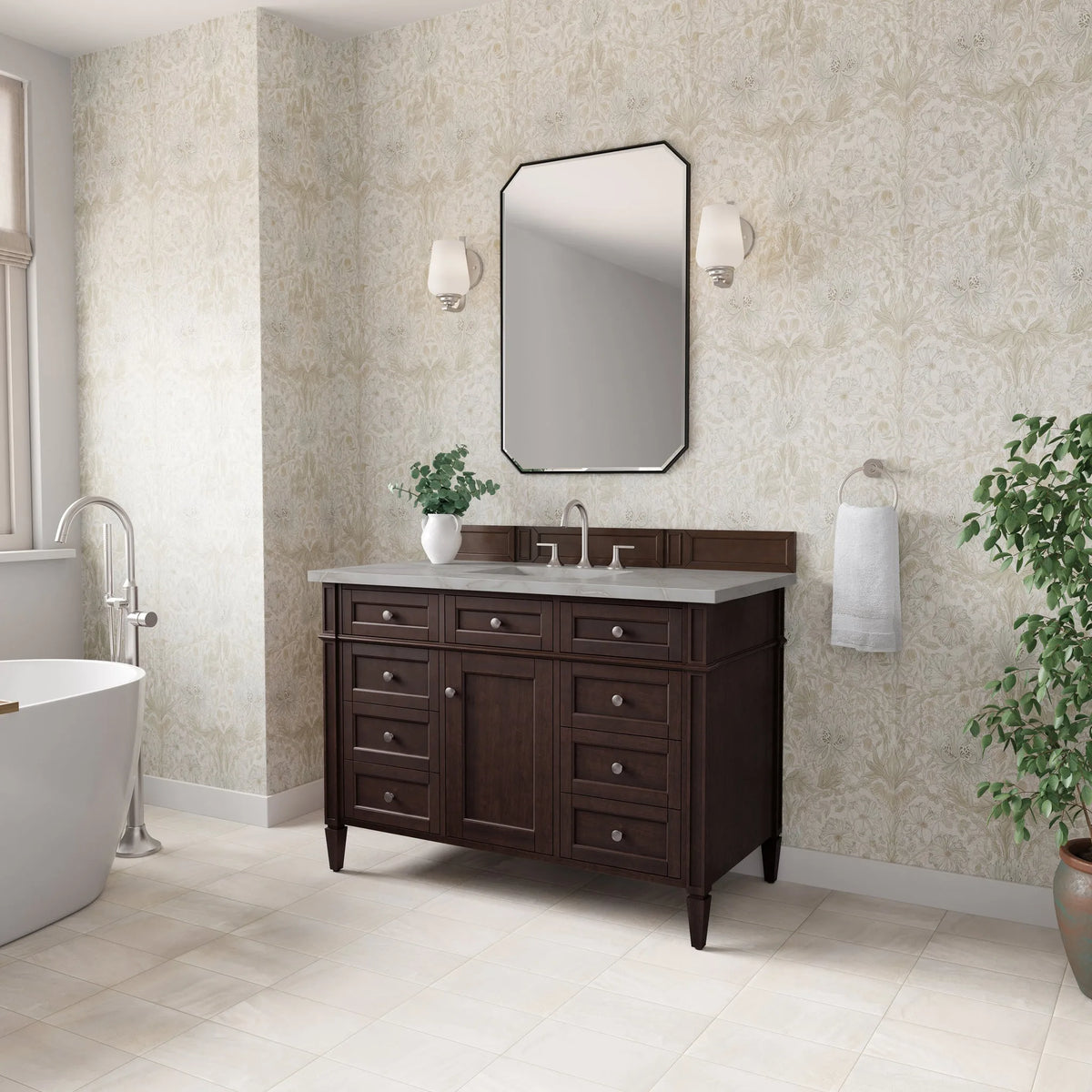 Brittany 48" Single Vanity, Burnished Mahogany w/ 3 CM Victorian Silver Silestone Top