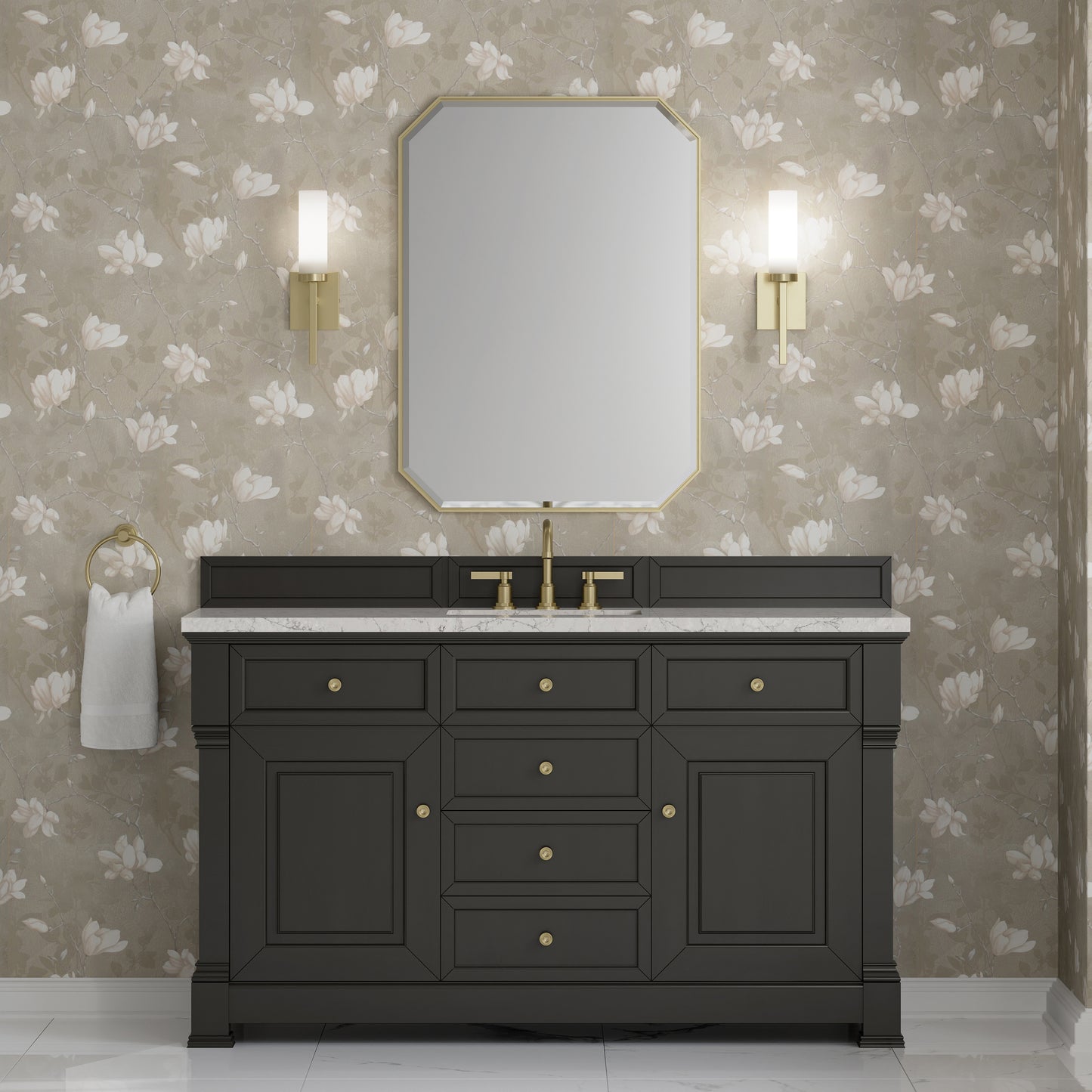 Renovate for Less Atlanta Brookfield 60" Single Vanity, Black Onyx w/3CM Eternal Jasmine Pearl Silestone Top w/ FreePower Wireless Charger