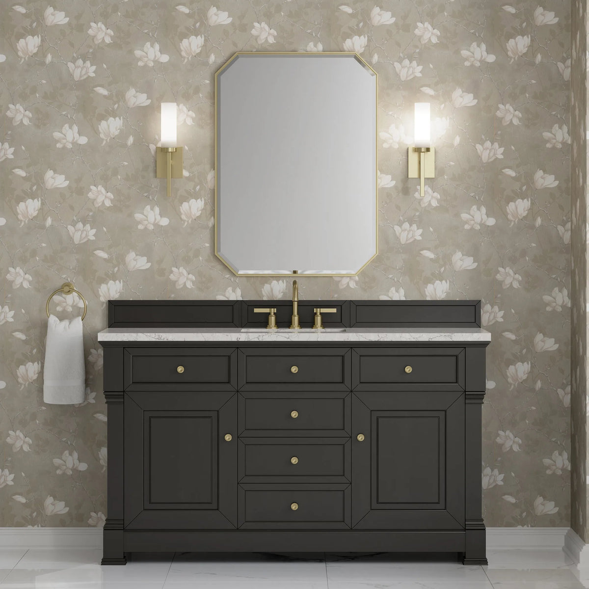 Brookfield 60" Single Vanity, Black Onyx w/3CM Eternal Jasmine Pearl Silestone Top