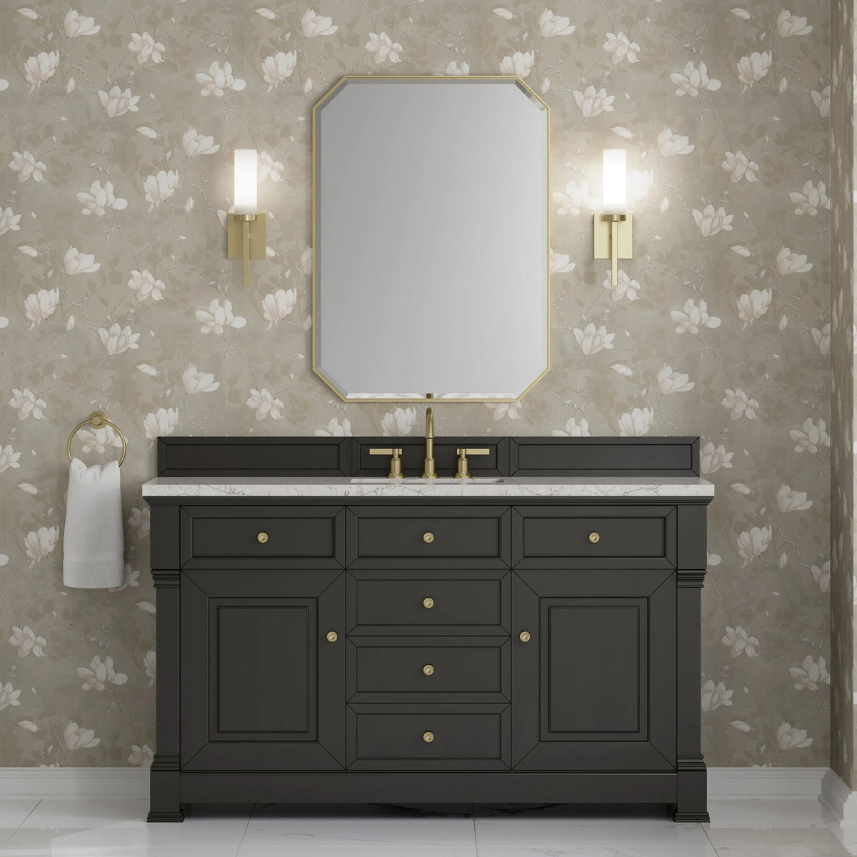 Brookfield 60" Single Vanity, Black Onyx w/3CM Eternal Jasmine Pearl Silestone Top w/ FreePower Wireless Charger