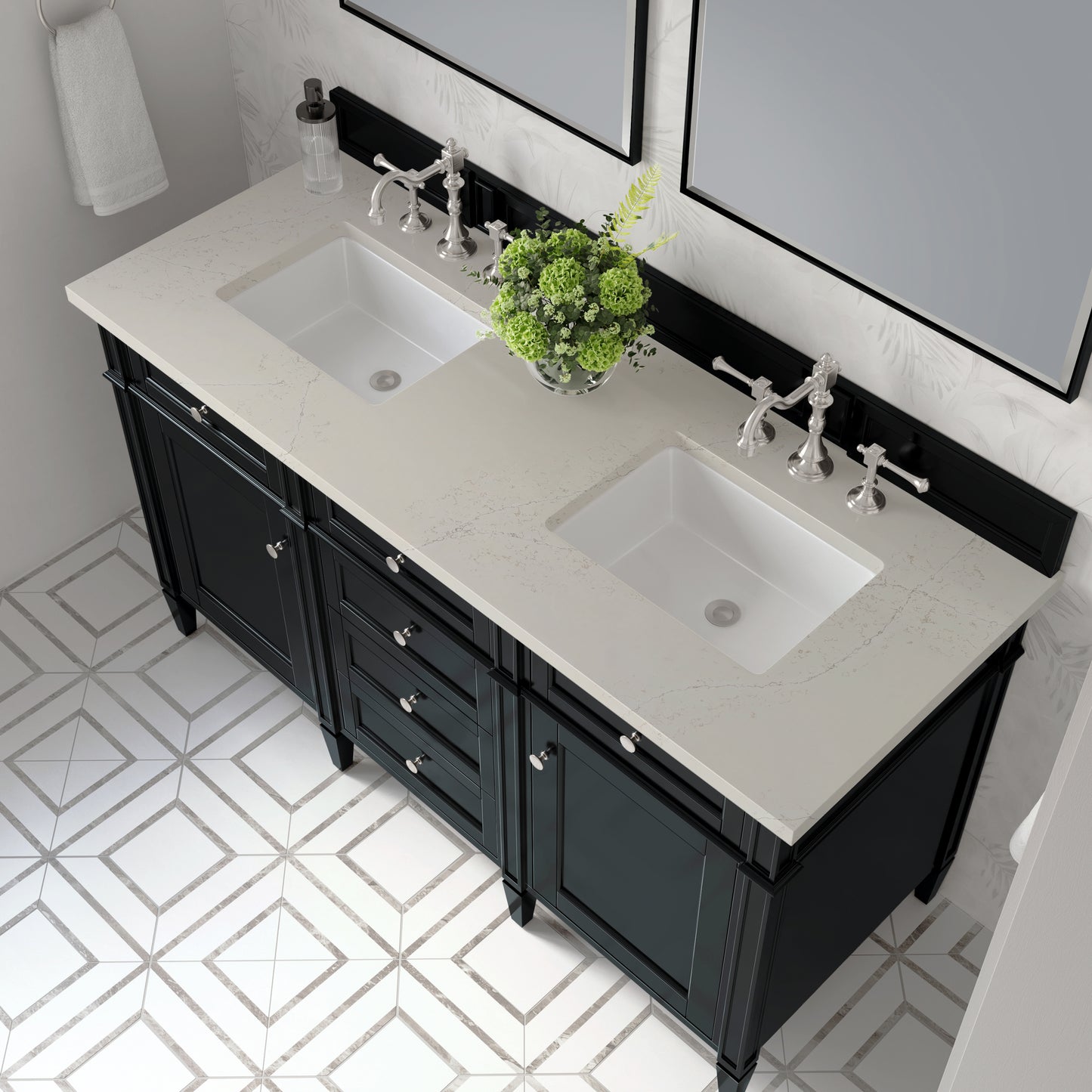Renovate for Less Atlanta Brittany 60" Double Vanity, Black Onyx, w/ 3 CM Siberian Silestone Top