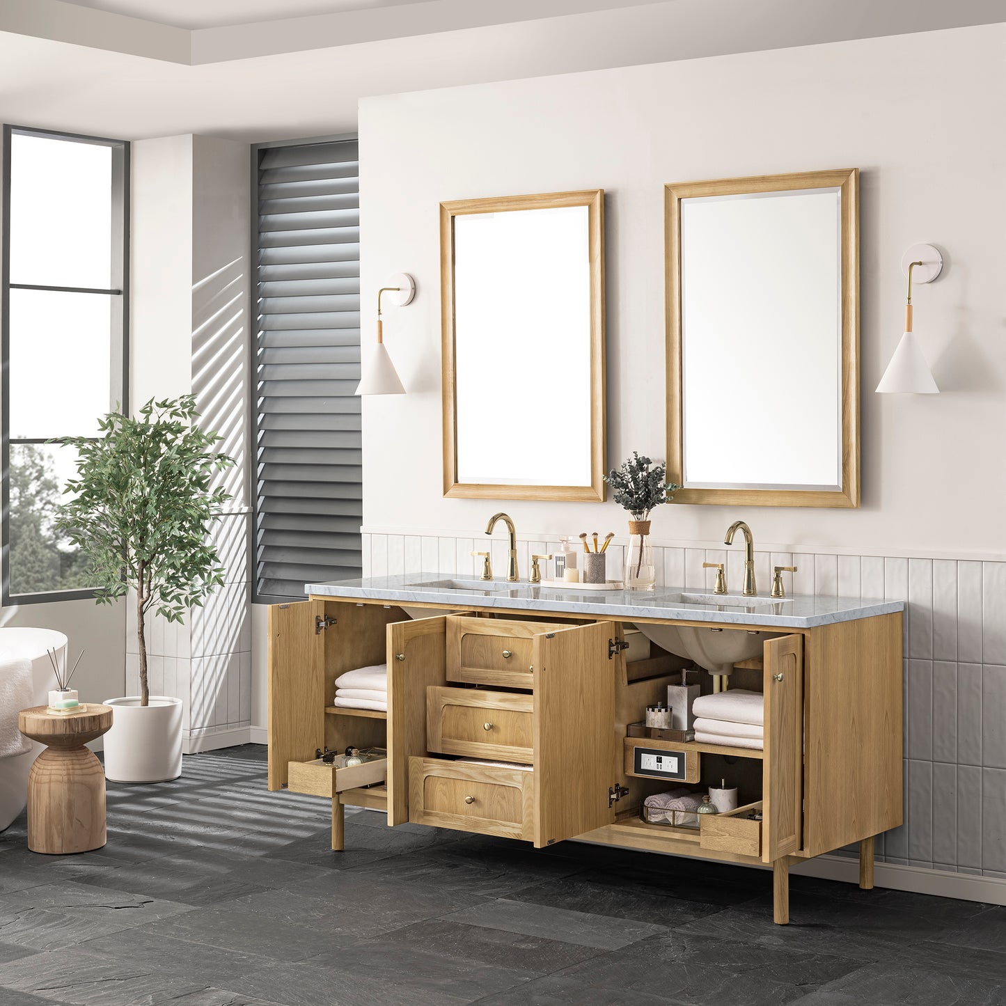 Renovate for Less Atlanta Laurent 72" Double Vanity, Light Natural Oak w/ 3 CM Carrara Marble Top