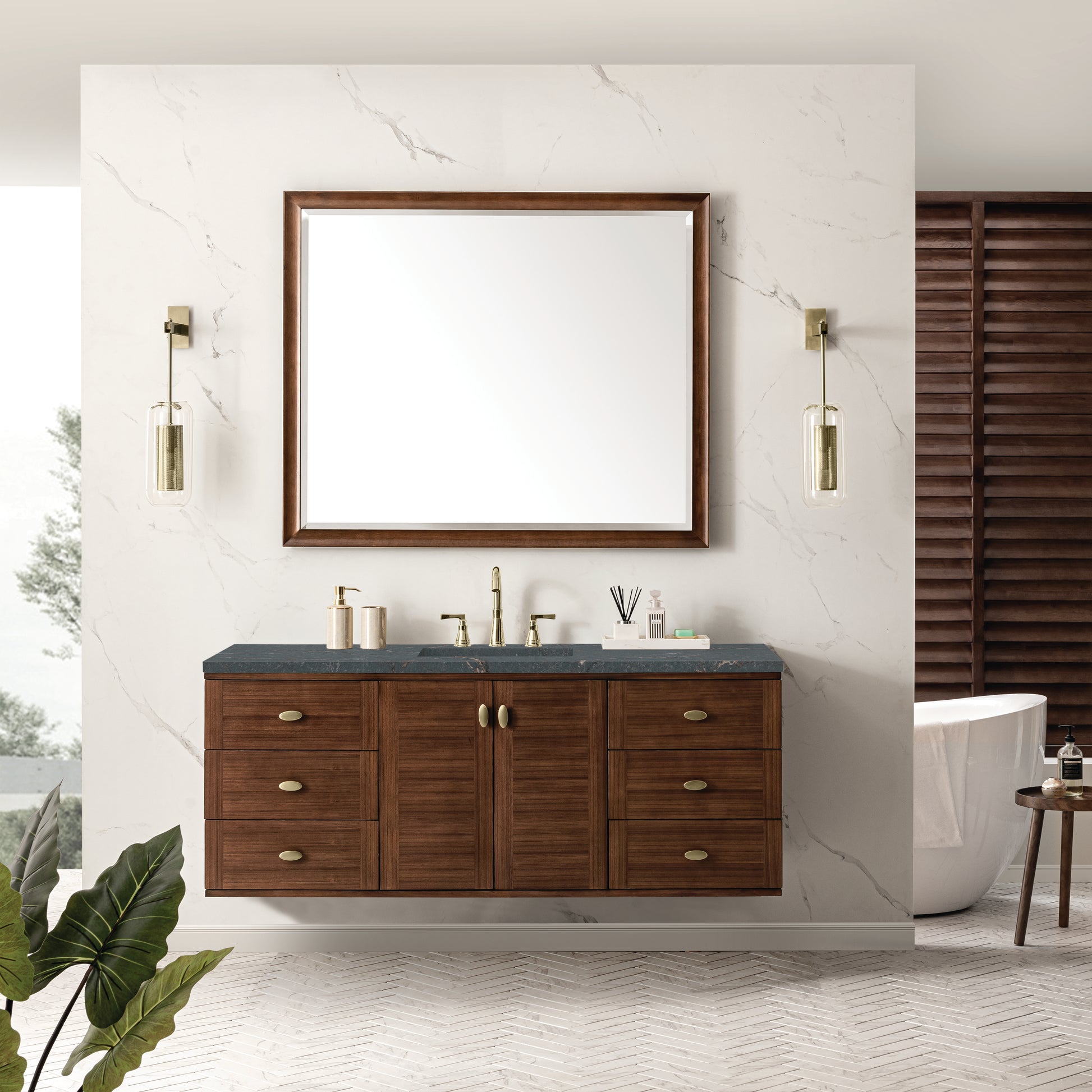 Renovate for Less Atlanta Amberly 60" Single Vanity, Mid-Century Walnut w/ 3 CM Parisien Bleu Top