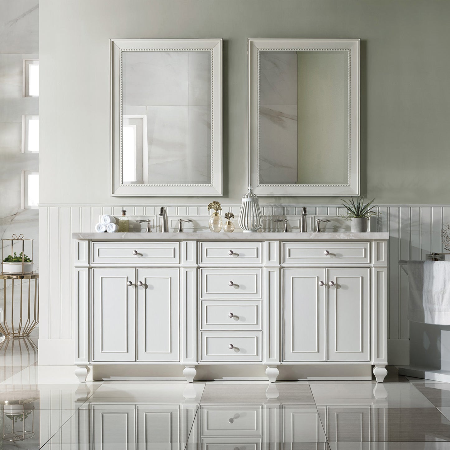 Renovate for Less Atlanta Bristol 72" Double Vanity, Bright White w/ 3 CM Victorian Silver Silestone Top w/FreePower Wireless Charger