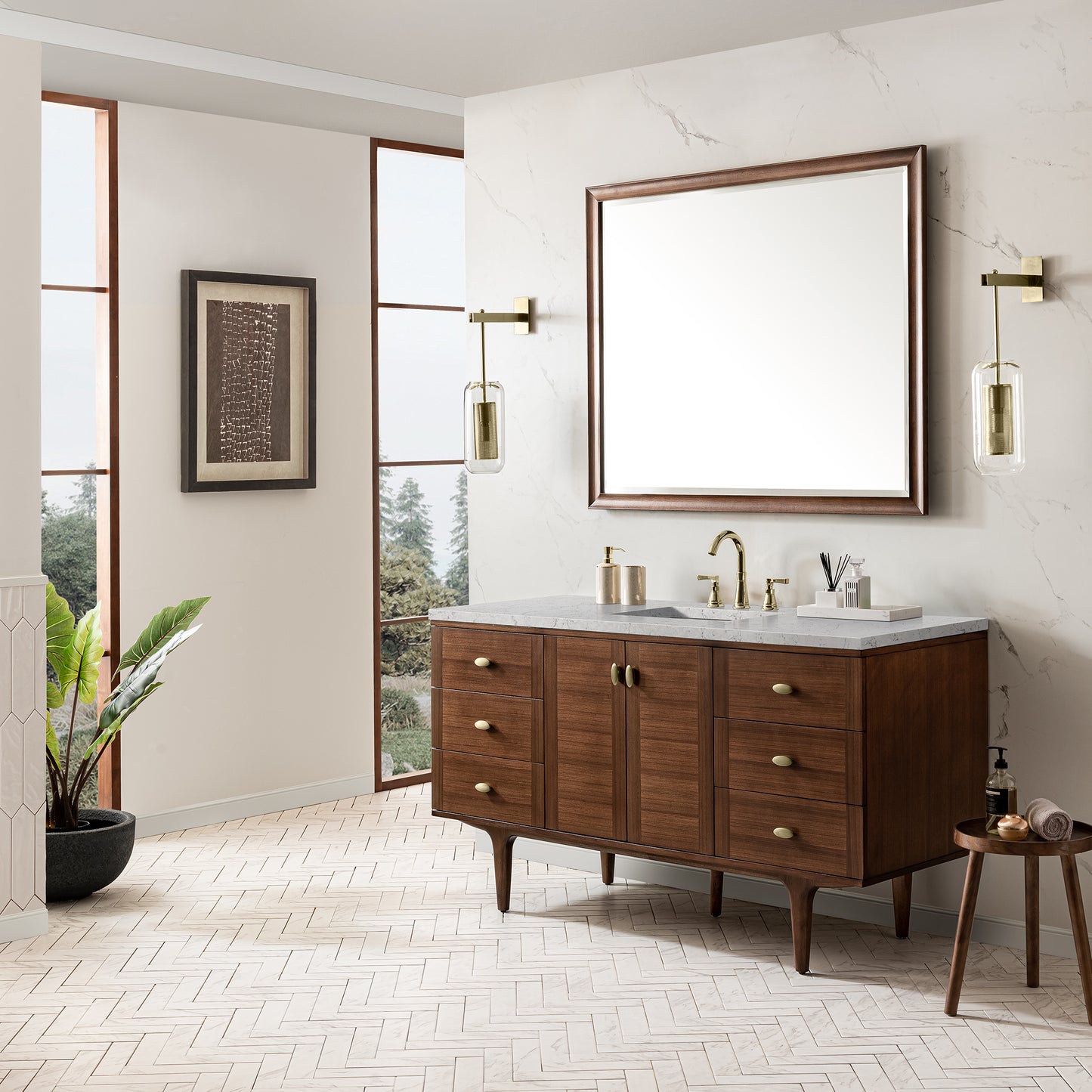 Renovate for Less Atlanta Amberly 60" Single Vanity, Mid-Century Walnut w/ 3 CM Eternal Jasmine Pearl Top